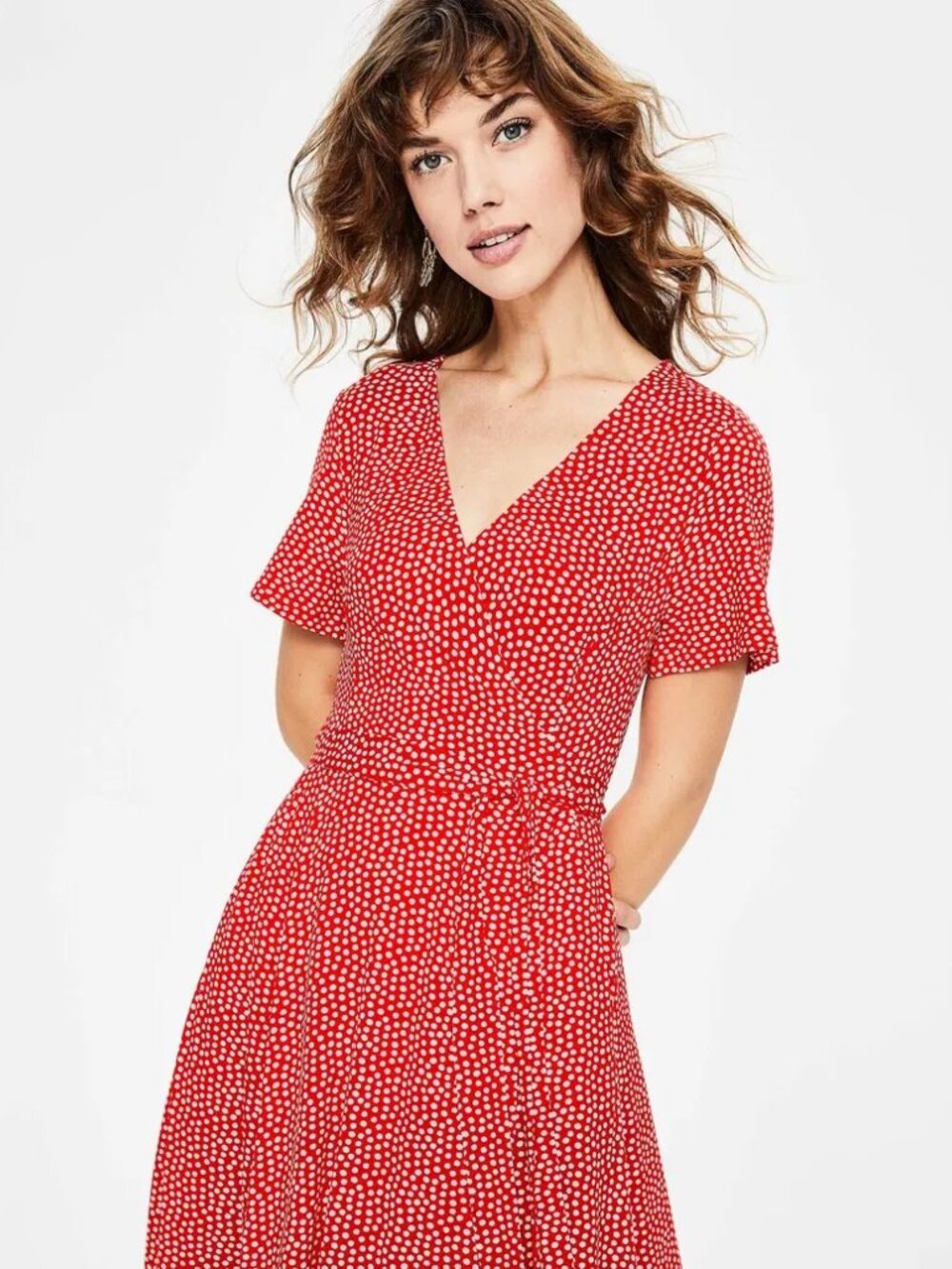 BODEN Cassia Jersey Wrap Midi Dress Red/ White Polka Dot Size 10P - Picture 2 of 8